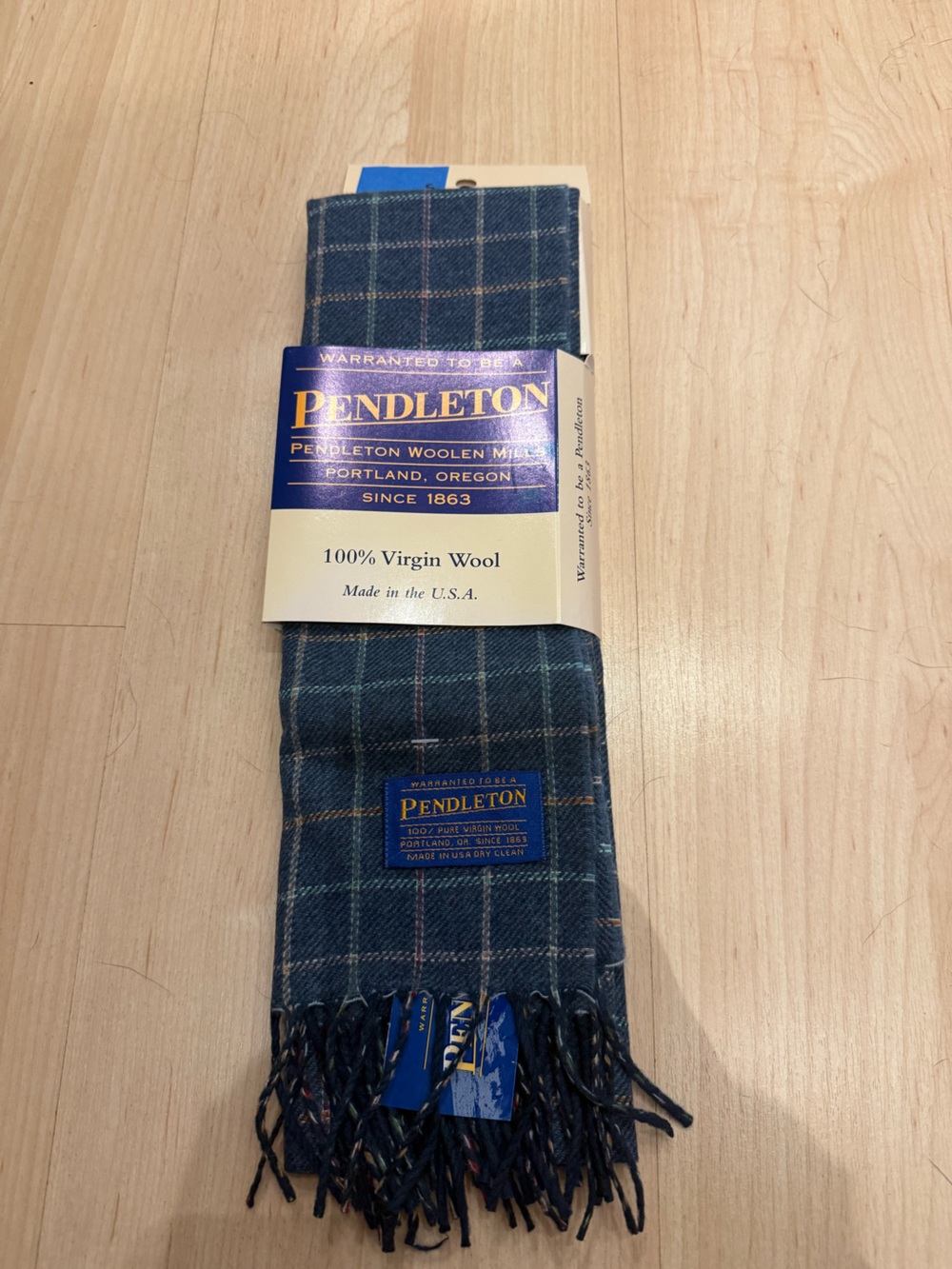 Pendleton Teal and Navy Plaid Virgin Wool Scarf